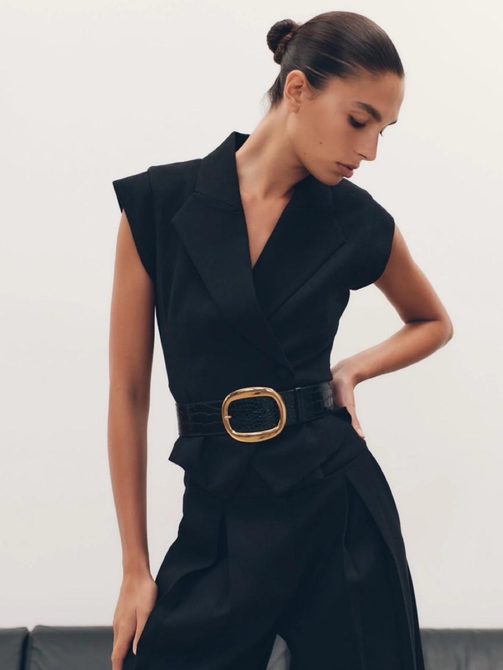 Meshki Black Tailored Sleeveless Jumpsuit with Gold Buckle